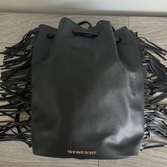 Victoria Secret Black Pleather‎ Fringe Backpack NWOT main image 4
